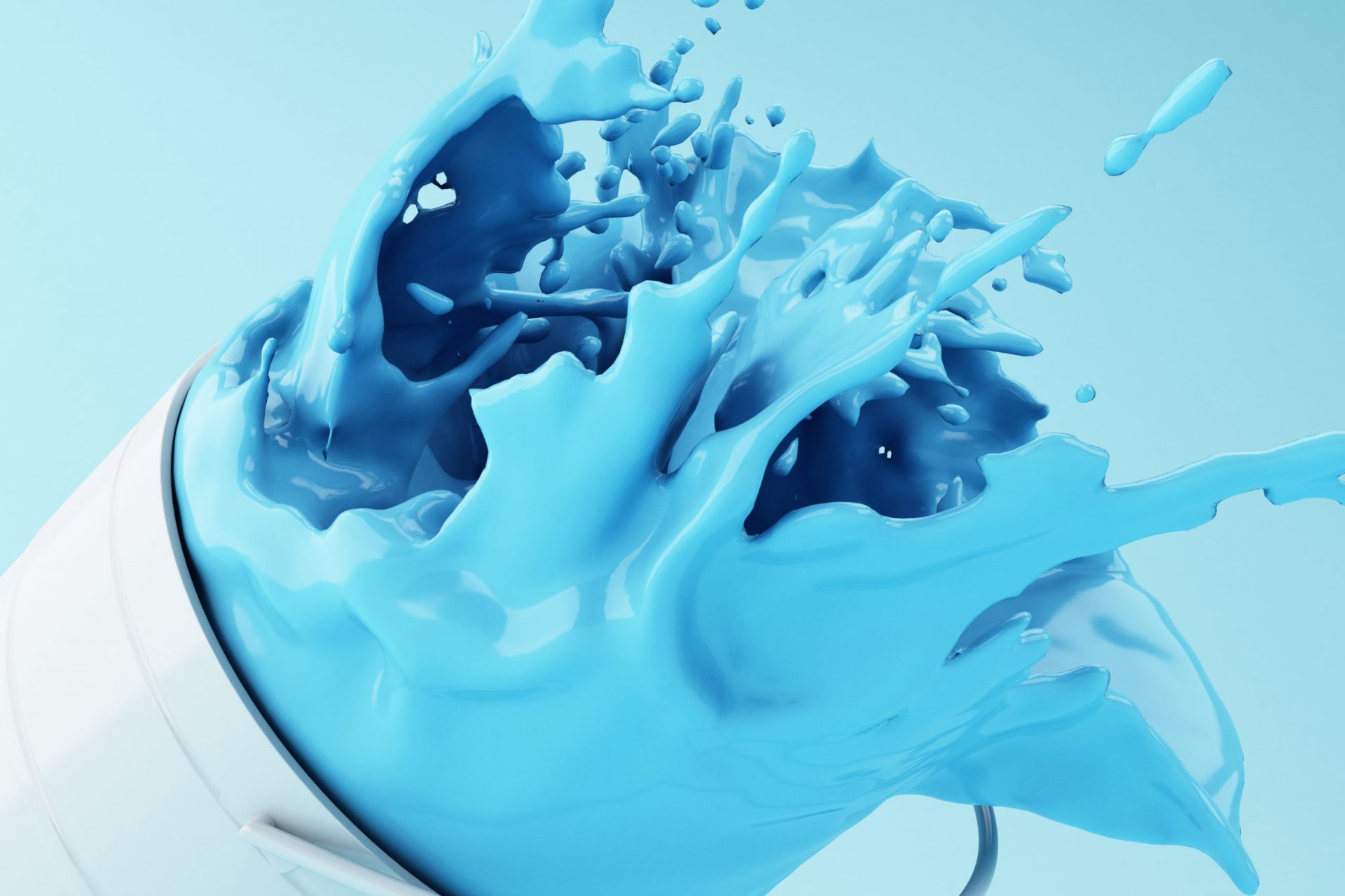 3d illustration. Blue paint splashing out of can on Blue background.